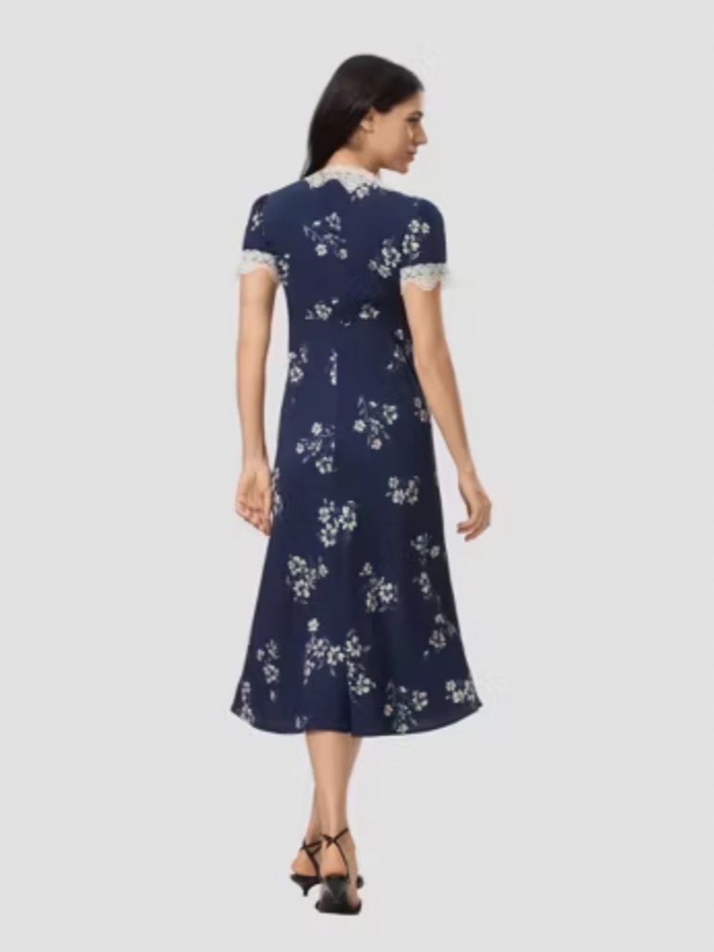 A New Day Women's Cap Sleeve Lace Trim Midi Dress Navy Blue Floral L NWT - Picture 2 of 4